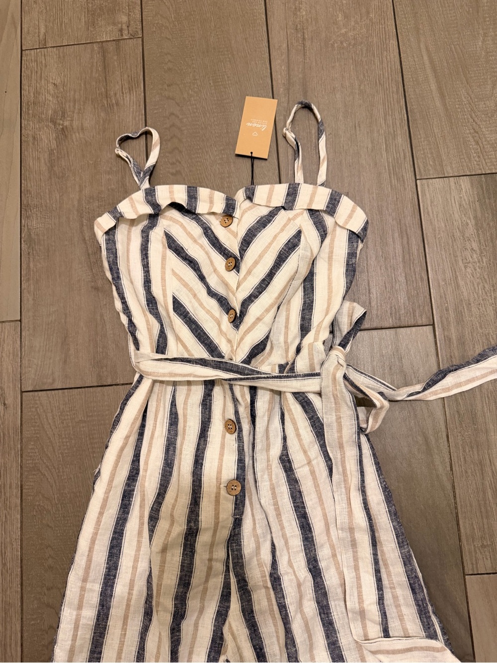 Love Tree Blue and White Striped Button-Front Jumpsuit with Belt - Picture 2 of 11